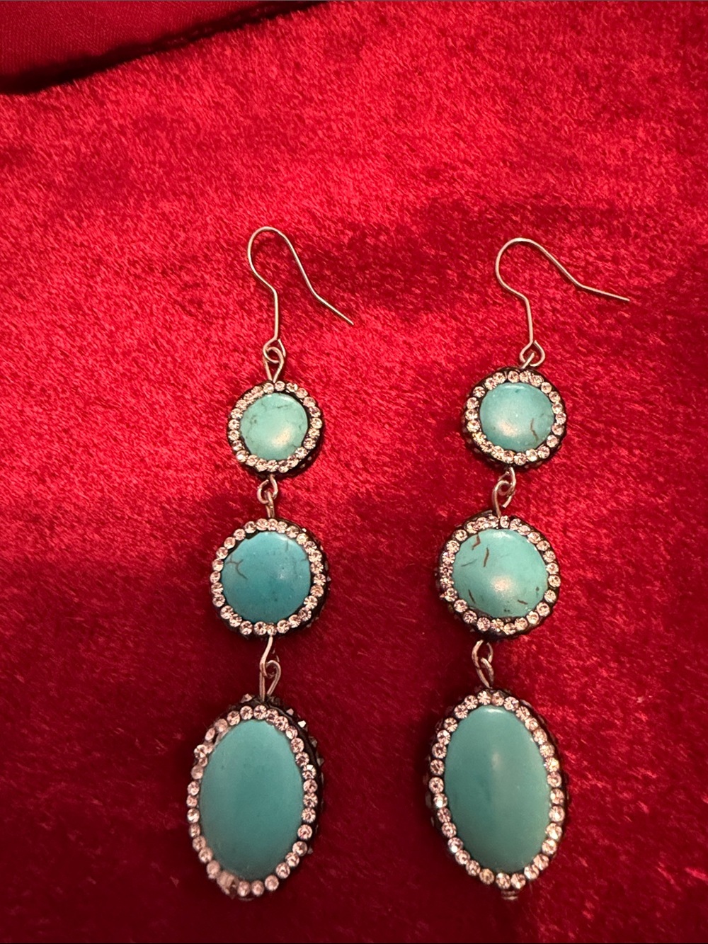 Turquoise and glass/crystal tested stone trim Drop Dangle Earrings 2.5” like new